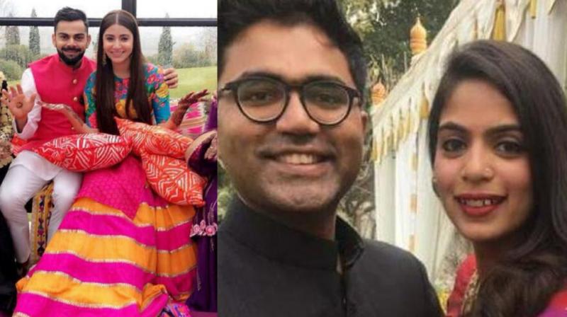 Anushka and Virat's mehendi, Devika Narain with husband Joseph. Anushka and Virat's mehendi, Devika Narain with husband Joseph.