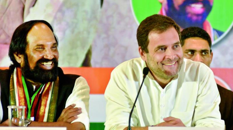Congress president Rahul Gandhi and TPCC president N. Uttam Kumar Reddy addressing the media in Hyderabad on Wednesday. (S. Surender Reddy) Congress president Rahul Gandhi and TPCC president N. Uttam Kumar Reddy addressing the media in Hyderabad on Wednesday. (S. Surender Reddy)