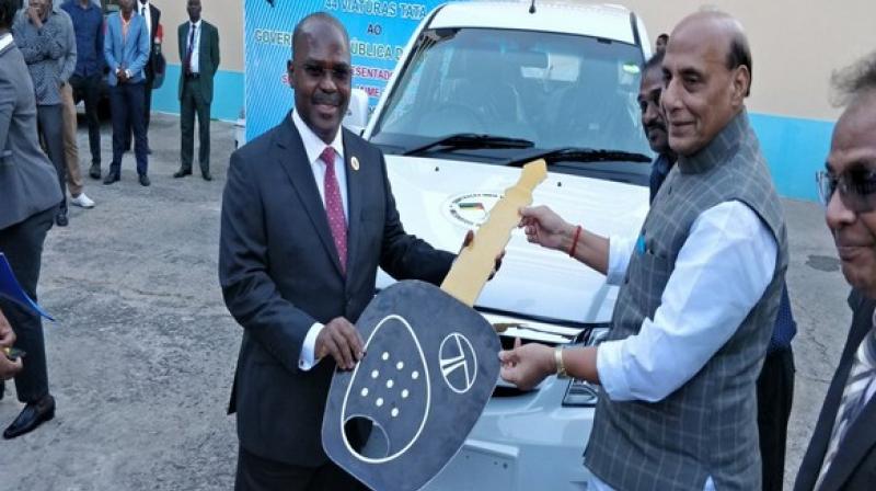 Defence Minister Rajnath Singh, who is in Mozambique on a three-day visit, handed over these vehicles on India's behalf. (Photo: ANI) Defence Minister Rajnath Singh, who is in Mozambique on a three-day visit, handed over these vehicles on India's behalf. (Photo: ANI)