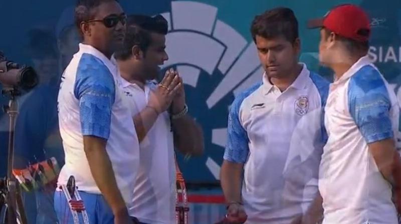 The trio of Abhishek Verma, Aman Saini and Rajat Chauhan were slow to get off the blocks before getting their act together to prevail 57-57, 56-57, 55-58, 59-58 in the four-set encounter. (Photo: Twitter / Team India) The trio of Abhishek Verma, Aman Saini and Rajat Chauhan were slow to get off the blocks before getting their act together to prevail 57-57, 56-57, 55-58, 59-58 in the four-set encounter. (Photo: Twitter / Team India)
