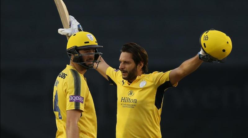 Shahid Afridi's century powered Hampshire to 249 for eight, their highest T20 score. (Photo: NatWestT20Blast /Twitter) Shahid Afridi's century powered Hampshire to 249 for eight, their highest T20 score. (Photo: NatWestT20Blast /Twitter)