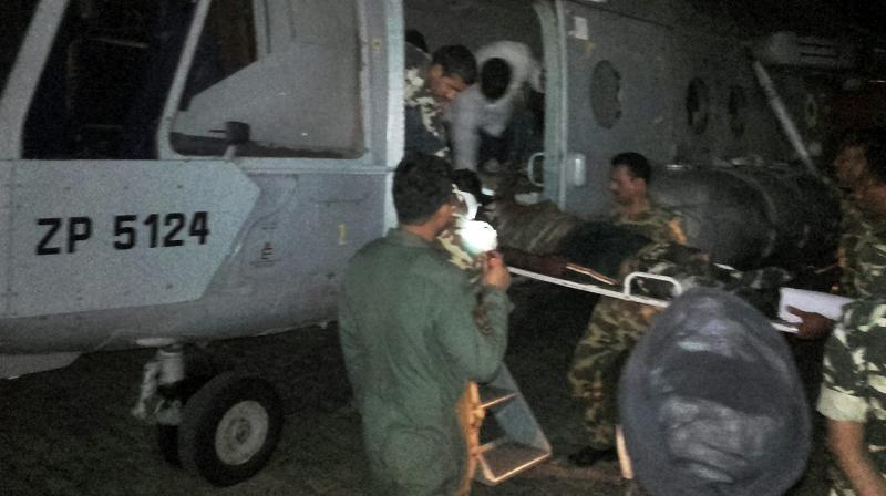 Injured CRPF jawans being airlifted to Raipur by an IAF chopper for treatment on Monday follwing a Maoist attack in Sukma district. (Photo: PTI) Injured CRPF jawans being airlifted to Raipur by an IAF chopper for treatment on Monday follwing a Maoist attack in Sukma district. (Photo: PTI)