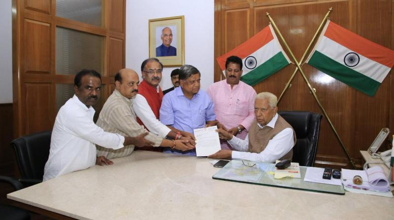 BJP Delegation consisting of Jagadish Shettar, Arvind Limbavali, Basavaraj Bommai, SR Vishwanath & N Ravikumar met Governor Vajubhai Vala earlier today & submitted a memorandum over vote of confidence. (Photo: ANI | Twitter) BJP Delegation consisting of Jagadish Shettar, Arvind Limbavali, Basavaraj Bommai, SR Vishwanath & N Ravikumar met Governor Vajubhai Vala earlier today & submitted a memorandum over vote of confidence. (Photo: ANI | Twitter)