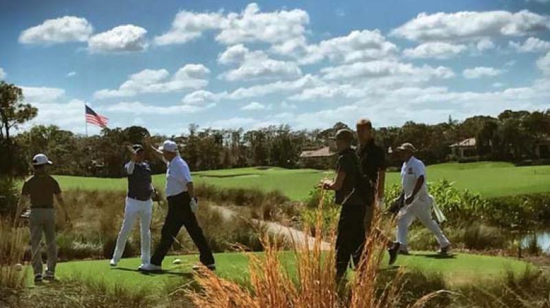 Trump and Abe played under mostly clear skies at Trump National Golf Club in Jupiter, Florida. (Photo: Instagram) Trump and Abe played under mostly clear skies at Trump National Golf Club in Jupiter, Florida. (Photo: Instagram)