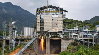 ISRO successfully conducts the qualification test of Cryogenic Engine for the Gaganyaan programme for a duration of 720 seconds at ISRO Propulsion Complex (IPRC), Mahendragiri, Tamil Nadu. (PTI)