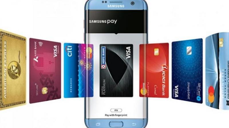 Samsung pay allow customers to tap and pay using the debt/credit cards and walled stored on their mobile devices. Samsung pay allow customers to tap and pay using the debt/credit cards and walled stored on their mobile devices.