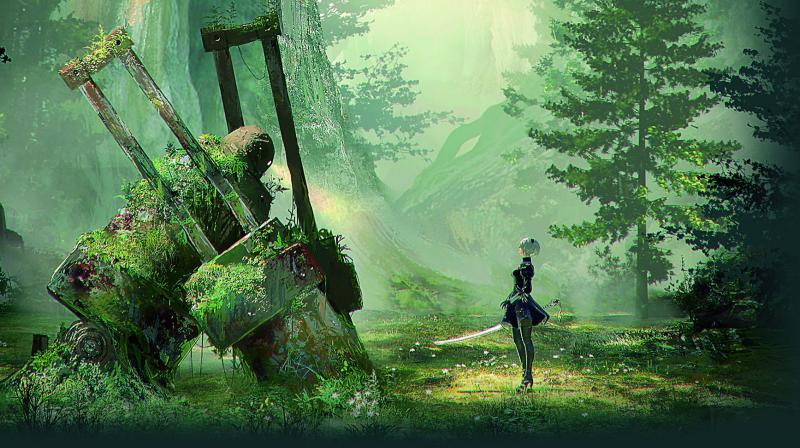 2B carries two swords, in addition to a pod for ranged damage, and players must focus on performing combos to fight different types of machines. 2B carries two swords, in addition to a pod for ranged damage, and players must focus on performing combos to fight different types of machines.