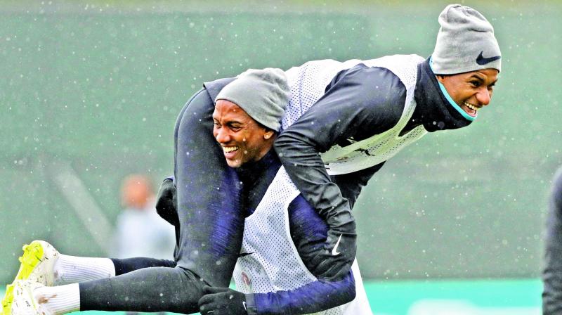 England’s Ashley Young (left) shares a light moment with Marcus Rashford during a training session. (Photo: AP) England’s Ashley Young (left) shares a light moment with Marcus Rashford during a training session. (Photo: AP)