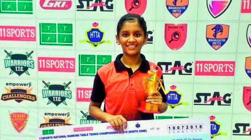 Akula Sreeja poses with the winner’s trophy. Akula Sreeja poses with the winner’s trophy.