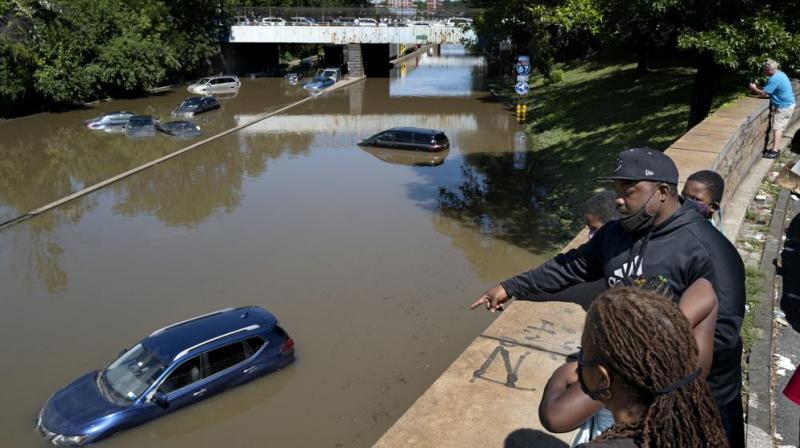 Cars and trucks are stranded by high water Thursday, Sept 2, 2021, on the Major Deegan Expressway in Bronx borough of New York as high water left behind by Hurricane Ida still stands on the highway hours later. (AP/Craig Ruttle)