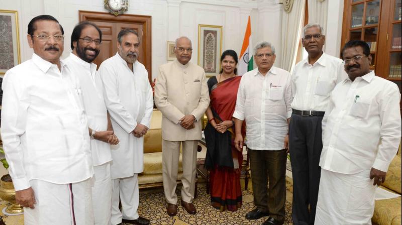 A delegation of opposition parties, including DMK, Congress, CPI and CPM met President Ram Nath Kovind on Thursday. (Photo: ANI/Twitter) A delegation of opposition parties, including DMK, Congress, CPI and CPM met President Ram Nath Kovind on Thursday. (Photo: ANI/Twitter)