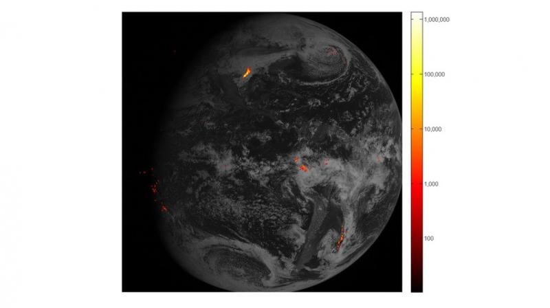 In this mage provided by NOAA shows some of the first images from it's new satellite that maps lightning. A new U.S. satellite is mapping lightning flashes worldwide from above, which should provide better warning about dangerous strikes. NOAA released the first images from a satellite launched last November that had the first lightning detector in geostationary orbit. It includes bright flashes from a storm that spawned tornadoes and hail in the Houston region on Valentine’s Day. (NOAA via AP) In this mage provided by NOAA shows some of the first images from it's new satellite that maps lightning. A new U.S. satellite is mapping lightning flashes worldwide from above, which should provide better warning about dangerous strikes. NOAA released the first images from a satellite launched last November that had the first lightning detector in geostationary orbit. It includes bright flashes from a storm that spawned tornadoes and hail in the Houston region on Valentine’s Day. (NOAA via AP)