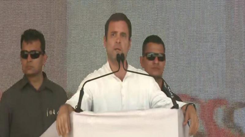 Gandhi further said that the Congress' poll promise of NYAY in which the party will give Rs 72,000 to 20 per cent of poor whose income is under Rs 12,000, has two major goals. (Photo: ANI twitter) Gandhi further said that the Congress' poll promise of NYAY in which the party will give Rs 72,000 to 20 per cent of poor whose income is under Rs 12,000, has two major goals. (Photo: ANI twitter)