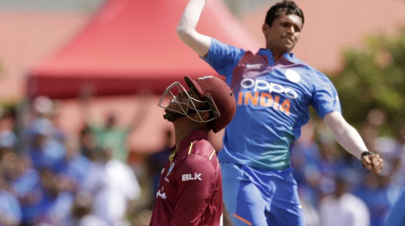 26-year-old Navdeep Saini claimed three wickets for 17 runs to star in India's four-wicket win against the Windies on Saturday. (Photo:AP) 26-year-old Navdeep Saini claimed three wickets for 17 runs to star in India's four-wicket win against the Windies on Saturday. (Photo:AP)