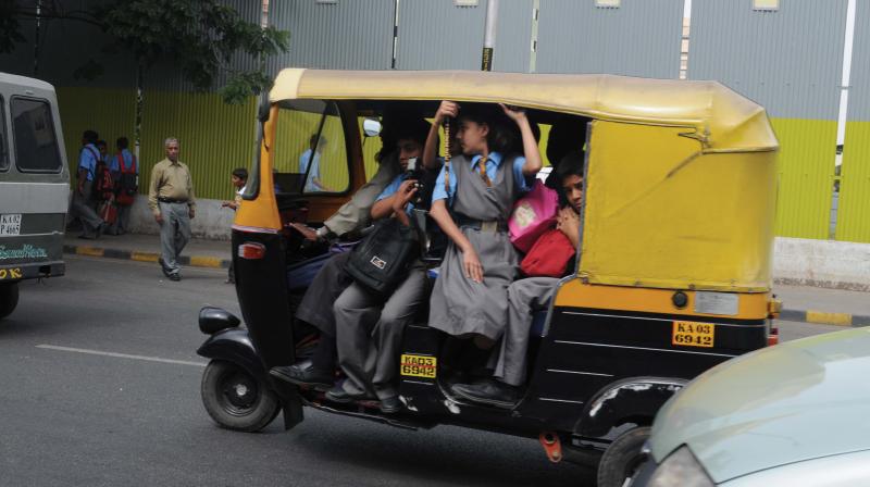 Auto-rickshaws should not carry more than five school children, but we found many had more than 10. Auto-rickshaws should not carry more than five school children, but we found many had more than 10.