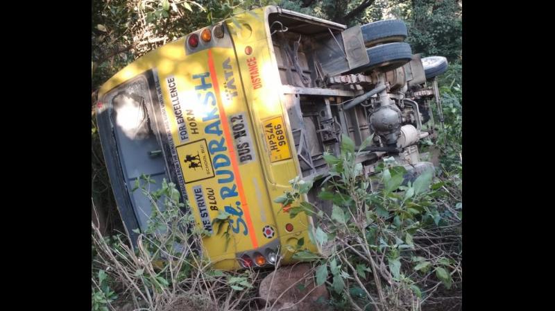 The bus overturned in Jawali sub-division of Kangra district on Thursday morning, a district official said. (Photo: ANI) The bus overturned in Jawali sub-division of Kangra district on Thursday morning, a district official said. (Photo: ANI)