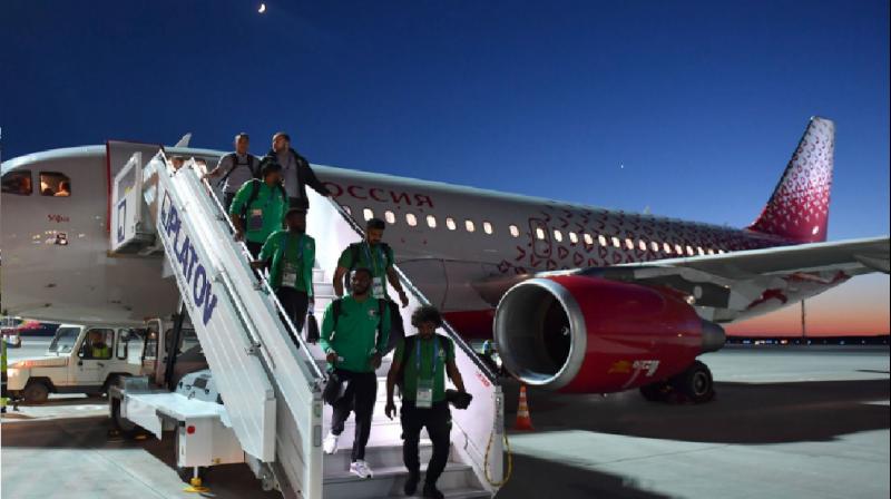 The plane carrying Saudi Arabia's World Cup team suffered a fire in one of its engines as the players flew to Rostov-on-Don for their second match, against Uruguay on Wednesday. (Photo: Twitter / Saudi Arabia national football team) The plane carrying Saudi Arabia's World Cup team suffered a fire in one of its engines as the players flew to Rostov-on-Don for their second match, against Uruguay on Wednesday. (Photo: Twitter / Saudi Arabia national football team)