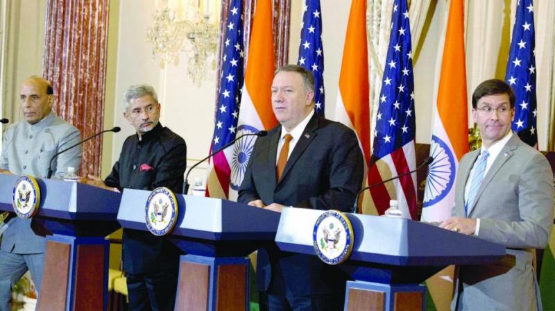 Defence minister Rajnath Singh, external affairs minister S. Jaishankar, United States secretary of state Mike Pompeo and secretary of defence Mark Esper during a press conference after a bilateral meeting between US and India at the department of state in Washington on Wednesday. (Photo: PTI)