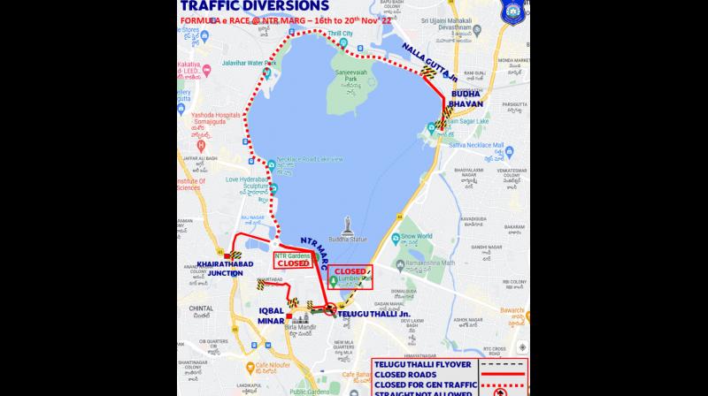 The traffic police is likely to impose diversions from 8 am to 10 pm every day, from November 16 to 20, in view of the preparations for the Formula-E race at NTR Marg. (DC image)