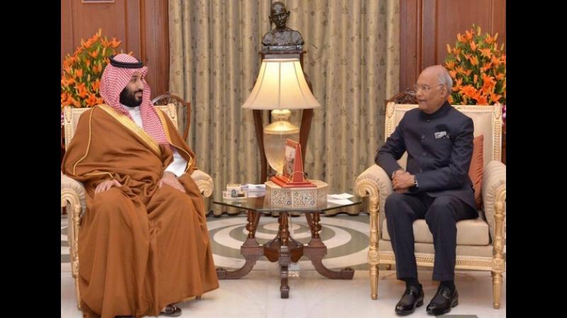 Welcoming the crown prince on his first state visit to India, the President said India cherishes its cordial and friendly relations with the Kingdom of Saudi Arabia. (Photo: ANI) Welcoming the crown prince on his first state visit to India, the President said India cherishes its cordial and friendly relations with the Kingdom of Saudi Arabia. (Photo: ANI)
