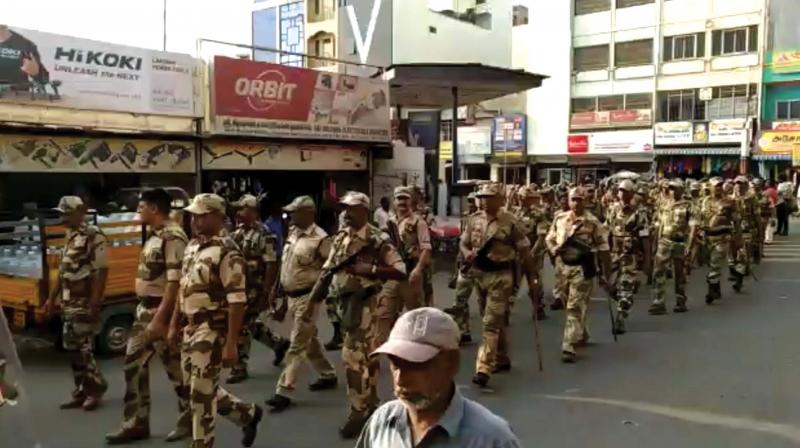 The flag march passed through Gandhi Road, Moondru Theatre, Pulikuthi street, Gundu Podum street and Fort area before it reached the CSI school complex here. The flag march passed through Gandhi Road, Moondru Theatre, Pulikuthi street, Gundu Podum street and Fort area before it reached the CSI school complex here.