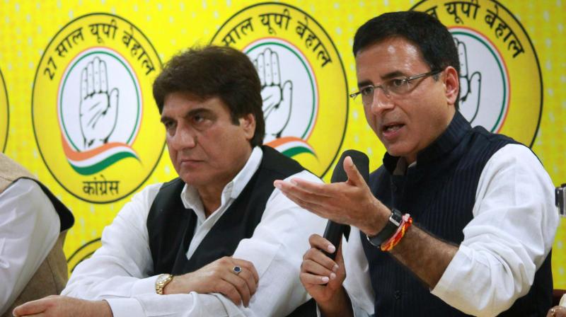 UP Congress President Raj Babbar with party spokesperson Randeep Singh Surjewala addressing a press conference at the party headquarters in Lucknow. (Photo: PTI) UP Congress President Raj Babbar with party spokesperson Randeep Singh Surjewala addressing a press conference at the party headquarters in Lucknow. (Photo: PTI)
