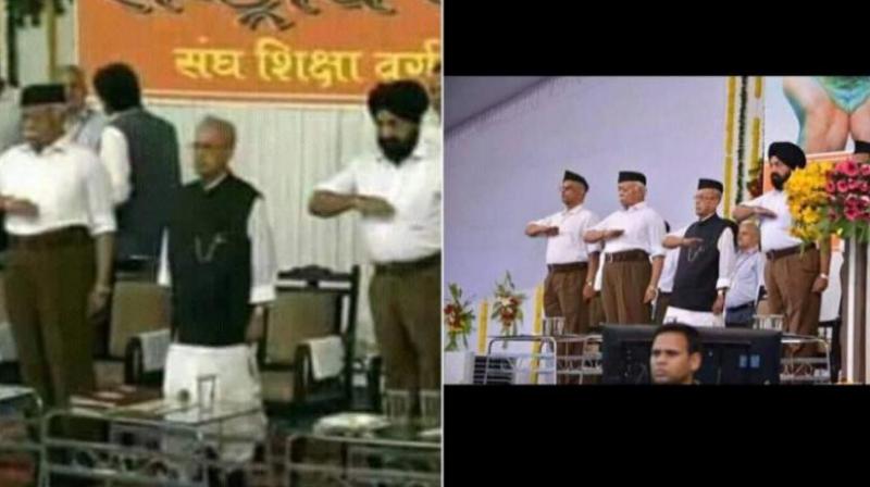 The morphed photo (right) of former President Pranab Mukherjee at the RSS event in Nagpur. (Photo: Twitter | @RuchisharmaINC) The morphed photo (right) of former President Pranab Mukherjee at the RSS event in Nagpur. (Photo: Twitter | @RuchisharmaINC)