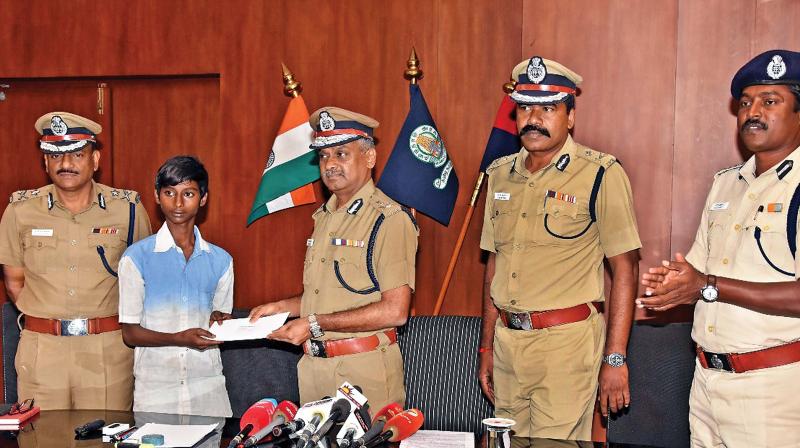 City police commissioner A.K. Viswanathan handing over certificate of appreciation to Suryakumar on Thursday. (Photo: DC) City police commissioner A.K. Viswanathan handing over certificate of appreciation to Suryakumar on Thursday. (Photo: DC)