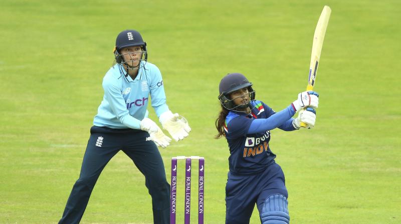 Mithali Raj hits a six during her innings in the third ODI against England. (Photo: AP)