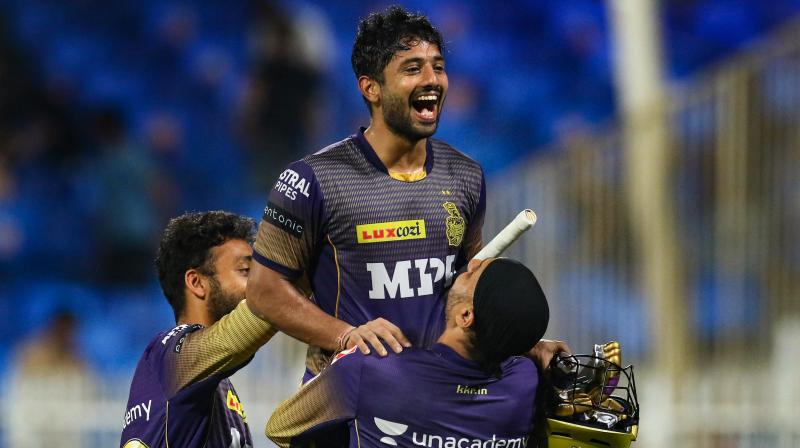 The Kolkata Knight Riders players celebrate their win during the qualifier 2 cricket match of the Indian Premier League against Delhi Capitals in Sharjah on Wednesday. PTI The Kolkata Knight Riders players celebrate their win during the qualifier 2 cricket match of the Indian Premier League against Delhi Capitals in Sharjah on Wednesday. PTI