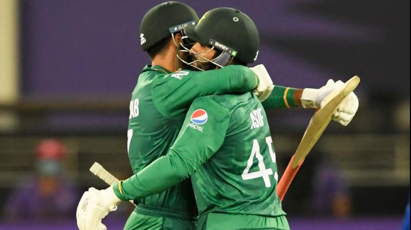 Pakistan's Shadab Khan (L) and Asif Ali celebrate their win in the ICC men’s Twenty20 World Cup cricket match between Afghanistan and Pakistan at the Dubai International Cricket Stadium in Dubai in this file photo. (Photo: AFP) Pakistan's Shadab Khan (L) and Asif Ali celebrate their win in the ICC men’s Twenty20 World Cup cricket match between Afghanistan and Pakistan at the Dubai International Cricket Stadium in Dubai in this file photo. (Photo: AFP)