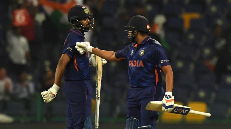 Indias KL Rahul (L) is congratulated by his teammate Rohit Sharma after he hit a six during the ICC mens Twenty20 World Cup cricket match between India and Afghanistan at the Sheikh Zayed Cricket Stadium in Abu Dhabi on Wednesday. (Photo; AFP)