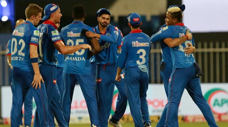 The Delhi Capitals players celebrate after their win over Kolkata Knight Riders during the IPL 2020 cricket match at Sharjah Cricket Stadium in Sharjah, United Arab Emirates, Saturday, Oct. 3, 2020. (Photo | PTI)