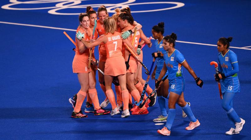 Netherlands Felice Albers (centre back) celebrates with teammates after scoring against India during their womens pool A match of the Tokyo 2020 Olympic Games field hockey competition, at the Oi Hockey Stadium on Saturday. (Photo: AFP)