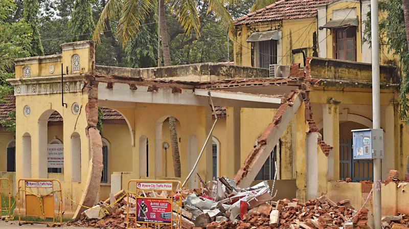 The front portion of the century-old Fire Brigade at Saraswathipuram which collapsed recently due to heavy rain in Mysuru The front portion of the century-old Fire Brigade at Saraswathipuram which collapsed recently due to heavy rain in Mysuru