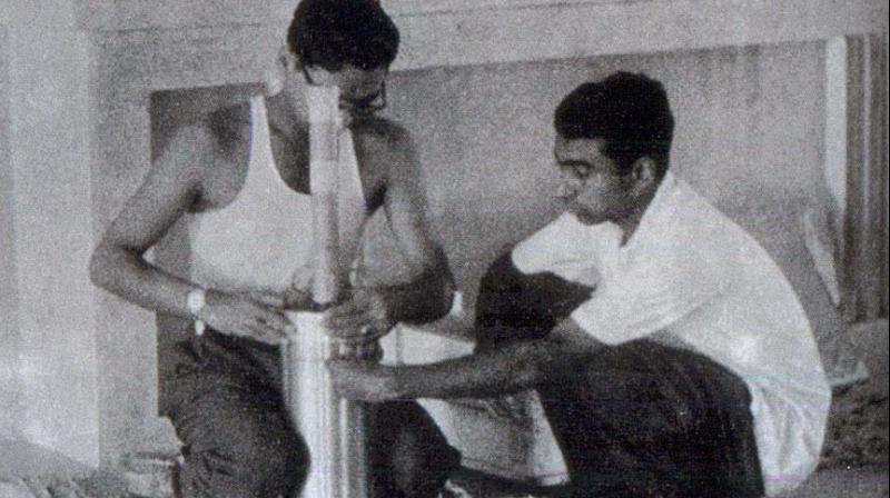 A picture from the book shows R. Aravamudan (left) and A.P.J. Abdul Kalam prepare a payload inside a church building in Thumba, Kerala in 1964. A picture from the book shows R. Aravamudan (left) and A.P.J. Abdul Kalam prepare a payload inside a church building in Thumba, Kerala in 1964.