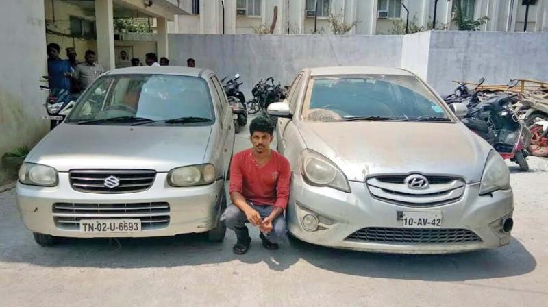 Valasaravakkam suspect with two cars that he stole from the city. (Photo: DC) Valasaravakkam suspect with two cars that he stole from the city. (Photo: DC)