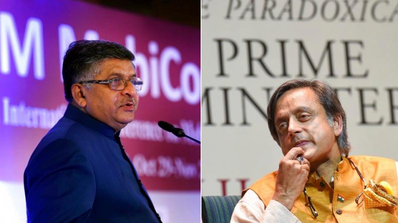 Union Law Minister Ravi Shankar Prasad (L) had made the statement during press conference after Congress MP Shashi Tharoor (R) quoted unnamed RSS source as saying that PM Modi was like 'scorpion sitting on a Shiva Linga who cannot be removed by hand or hit with a chappal (slipper) either'. (Photo: PTI) Union Law Minister Ravi Shankar Prasad (L) had made the statement during press conference after Congress MP Shashi Tharoor (R) quoted unnamed RSS source as saying that PM Modi was like 'scorpion sitting on a Shiva Linga who cannot be removed by hand or hit with a chappal (slipper) either'. (Photo: PTI)