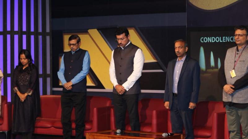 Union minister Rajyavardhan Singh Rathore was speaking at a condolence meeting for DD News cameraman Achyutanand Sahu organised by Prasar Bharti in New Delhi. (Photo: Twitter | @Ra_THORe) Union minister Rajyavardhan Singh Rathore was speaking at a condolence meeting for DD News cameraman Achyutanand Sahu organised by Prasar Bharti in New Delhi. (Photo: Twitter | @Ra_THORe)
