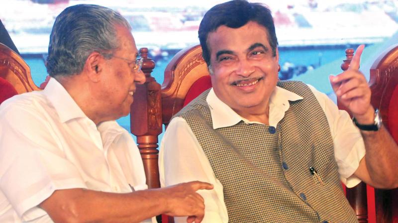 Chief Minister Pinarayi Vijayan and Union Minister for Shipping and Road Transport Nitin Gadkari during the foundation laying ceremony of dry dock in Kochi on Tuesday. – ARUN CHANDRABOSE Chief Minister Pinarayi Vijayan and Union Minister for Shipping and Road Transport Nitin Gadkari during the foundation laying ceremony of dry dock in Kochi on Tuesday. – ARUN CHANDRABOSE