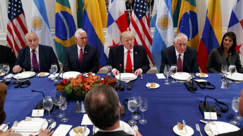 Donald Trump, John Kelly, Mike Pence, Rex Tillerson, Nikki Haley President Donald Trump speaks during a dinner with Latin American leaders at the Palace Hotel during the United Nations General Assembly on Monday in New York (Photo: AP) (Representational Image) Donald Trump, John Kelly, Mike Pence, Rex Tillerson, Nikki Haley President Donald Trump speaks during a dinner with Latin American leaders at the Palace Hotel during the United Nations General Assembly on Monday in New York (Photo: AP) (Representational Image)
