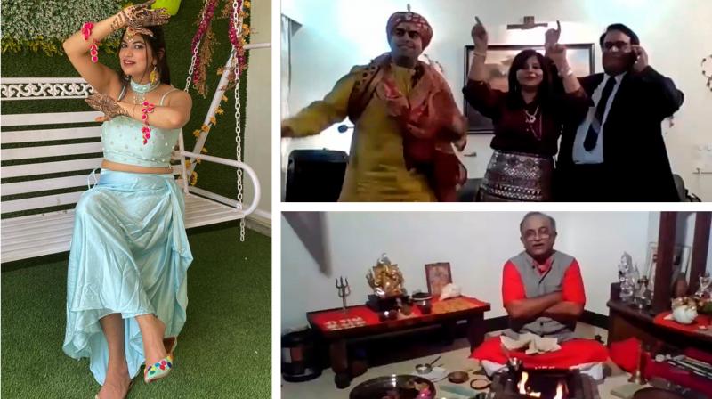 This combination photo shows bride Keerti Narang posing for a picture at her home in Bareilly before her marriage with groom Sushen Dang who is seen dancing with his family in Mumbai, and a priest who solemnised the marriage sitting in Chhattisgarh. Under lockdown and far apart, Sushen Dang and Keerti Narang went online to say their marriage vows -- and pulled off a spectacular Indian wedding complete with thousands of guests and raucous Bollywood dancing. (Photo | AFP)