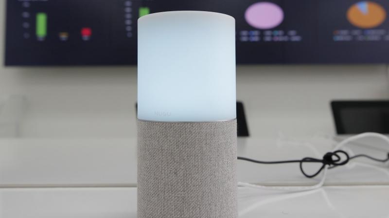 SK Telecoms AI speaker Nugu built with an artificial intelligence called \Aria\ and a lamp that turns blue when processing voice commands for news, music and internet searches, is seen in Seoul, South Korea, on May 13, 2020. The devices can also use quizzes to monitor the memory and cognitive functions of their elderly users, which would be potentially useful for advising treatments. (Photo | AP)