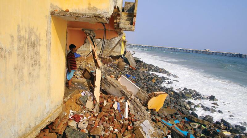 Houses destroyed as sea swelled at Valiyathura in Thiruvananthapuram. (DECCAN CHRONICLE) Houses destroyed as sea swelled at Valiyathura in Thiruvananthapuram. (DECCAN CHRONICLE)
