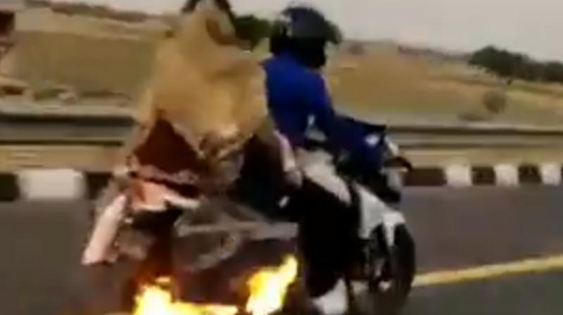 Along with the rider, a woman and child were also on the bike and all three were saved. (Photo: Twitter | UP100) Along with the rider, a woman and child were also on the bike and all three were saved. (Photo: Twitter | UP100)