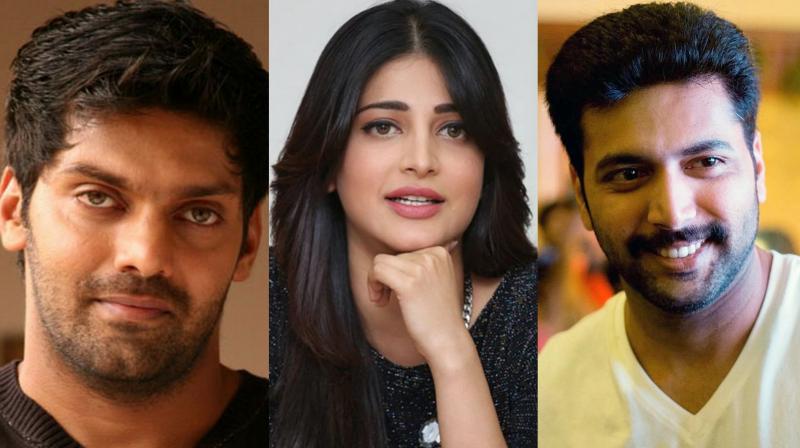 Arya, Shruti Haasan and Jayam Ravi. Arya, Shruti Haasan and Jayam Ravi.