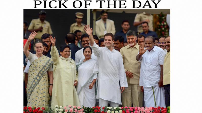 United we stand: A galaxy of opposition leaders across the country had converged at the swearing-in ceremony of Karnataka Chief Minister H.D. Kumaraswamy after the Congress and Janata Dal (Secular) successfully thwarted alleged attempts by the BJP to poach their legislators to reach the majority mark in the state. United we stand: A galaxy of opposition leaders across the country had converged at the swearing-in ceremony of Karnataka Chief Minister H.D. Kumaraswamy after the Congress and Janata Dal (Secular) successfully thwarted alleged attempts by the BJP to poach their legislators to reach the majority mark in the state.