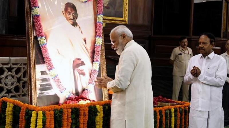 PM Modi said Gandhi offers solutions to every problem. ‘In Gandhi, we have the best teacher to guide us,’ he wrote. (Photo: ANI) PM Modi said Gandhi offers solutions to every problem. ‘In Gandhi, we have the best teacher to guide us,’ he wrote. (Photo: ANI)