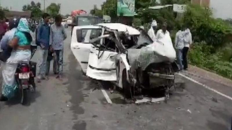 A truck had rammed into the vehicle in which the girl, her counsel and two aunts were travelling to Raebareli. (Photo: ANI) A truck had rammed into the vehicle in which the girl, her counsel and two aunts were travelling to Raebareli. (Photo: ANI)