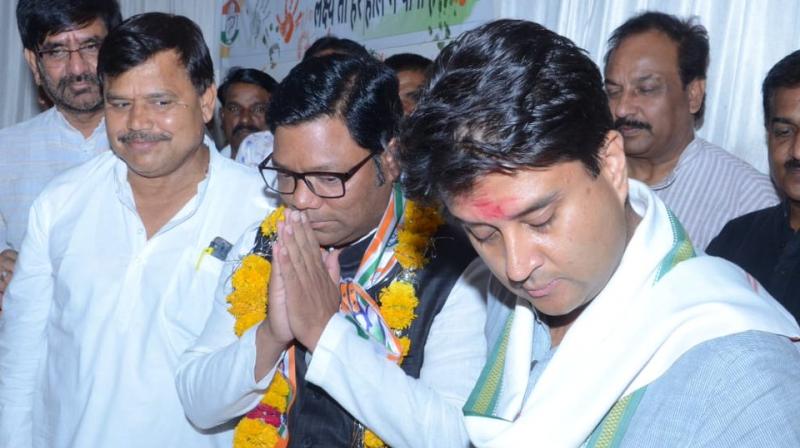 Jyotiraditya Scindia had welcomed Lokendra Rajput in the Congress yesterday. (Photo: Twitter) Jyotiraditya Scindia had welcomed Lokendra Rajput in the Congress yesterday. (Photo: Twitter)
